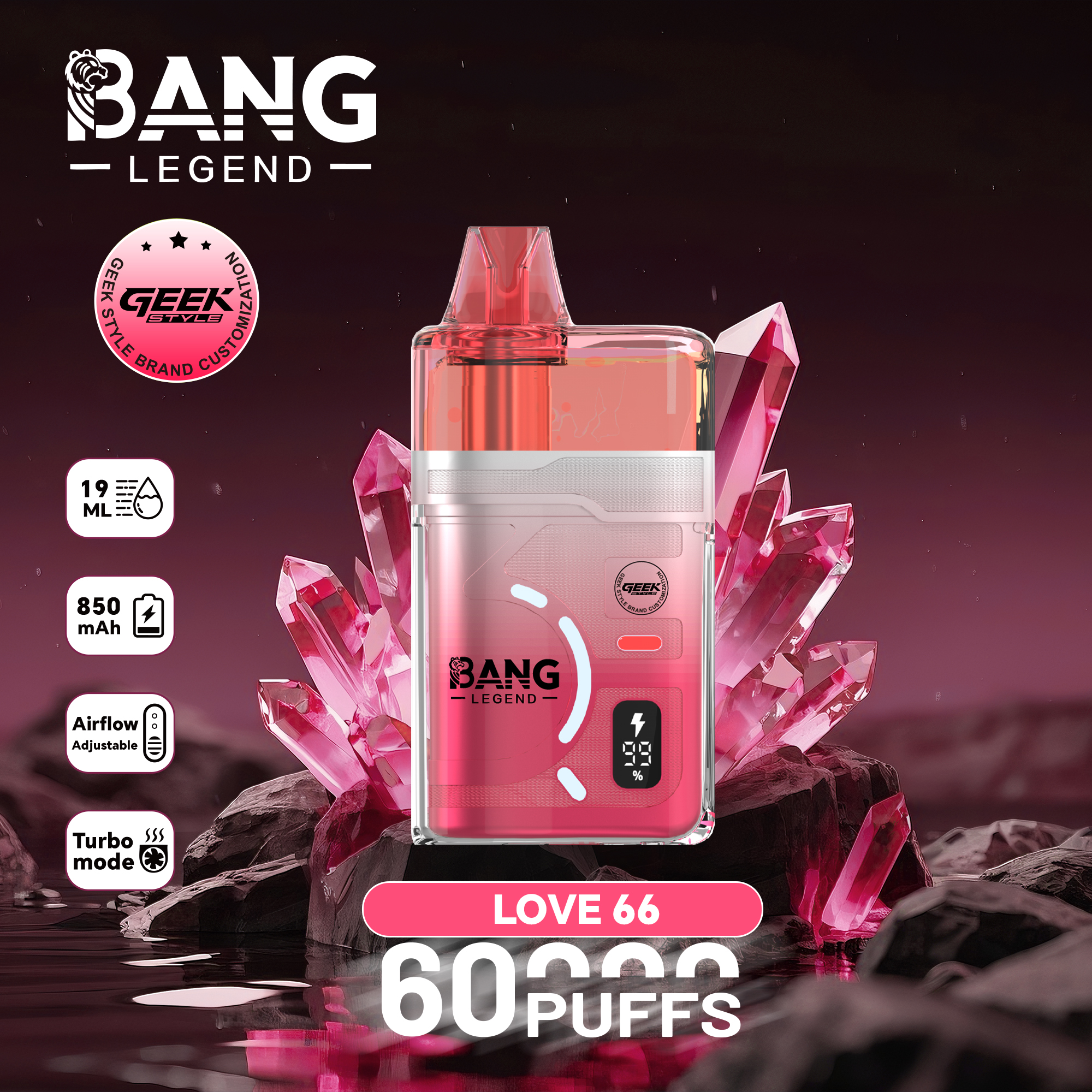 【New Arrive】Bang Legend Geek 60000 60K Puffs Airflow Adjustable & Turbo Mode Disposable Vape