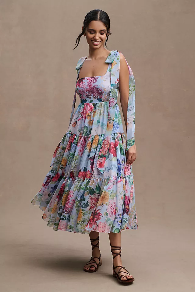 Trendy Tiered Square-Neck A-Line Midi Dress BLUE