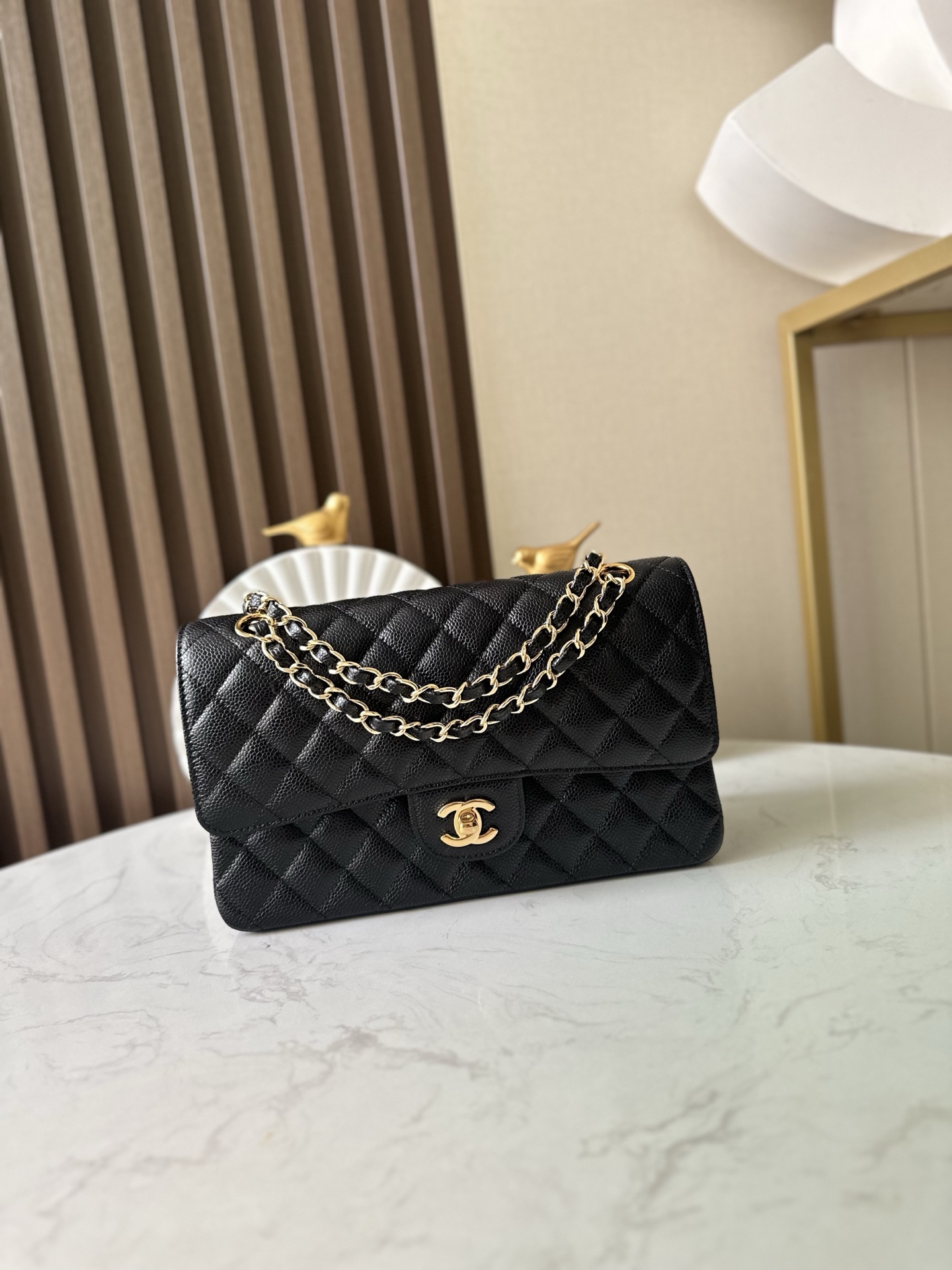 Black Caviar Quilted Medium Classic Flap Bag with Gold Hardware - Mocuir