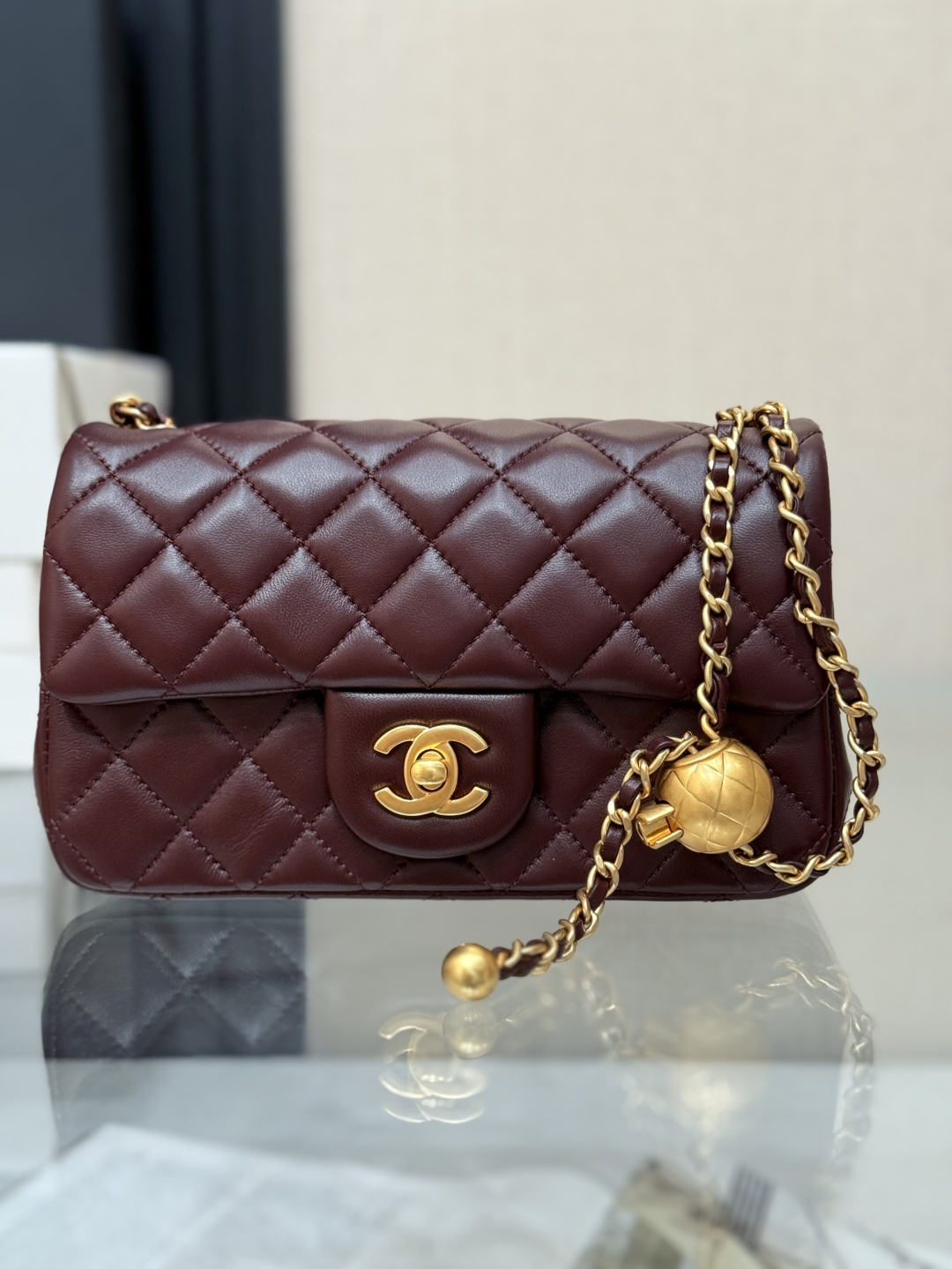Classic Flap Large Mini (20cm) Bag (AS1787) in Burgundy Quilted Lambskin with Antique Gold-Tone Hardware & Globe Adjustable Gold Ball - Mocuir