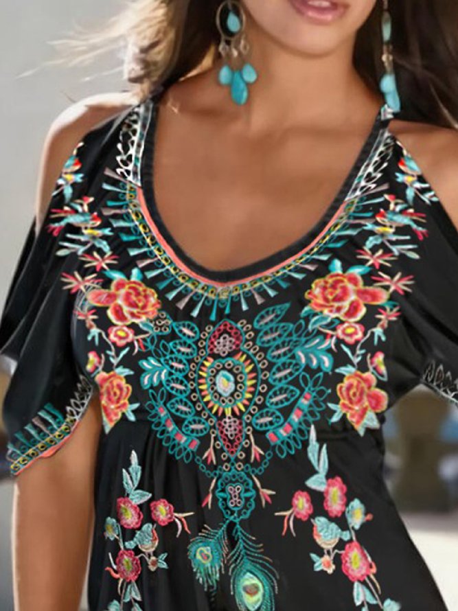 Boho V neck Printed Short Sleeve Shirts & Tops