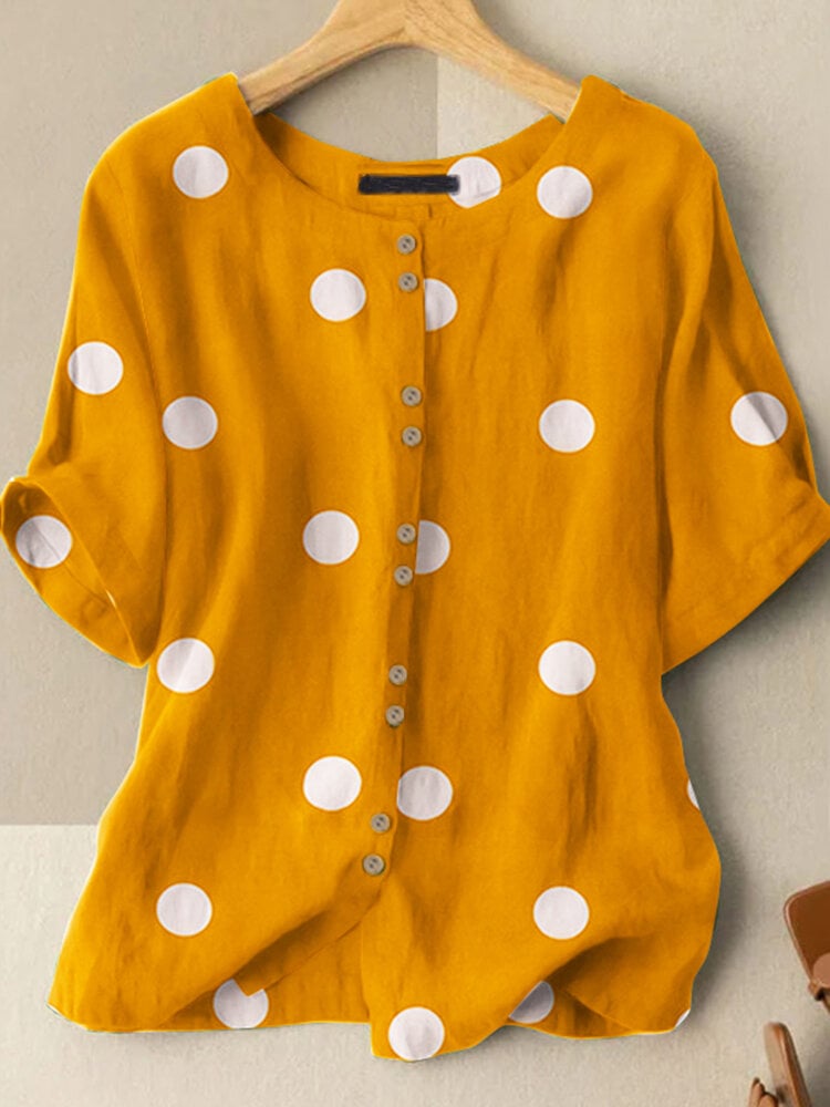 Dot Print Button Front Crew Neck Half Sleeve Blouse