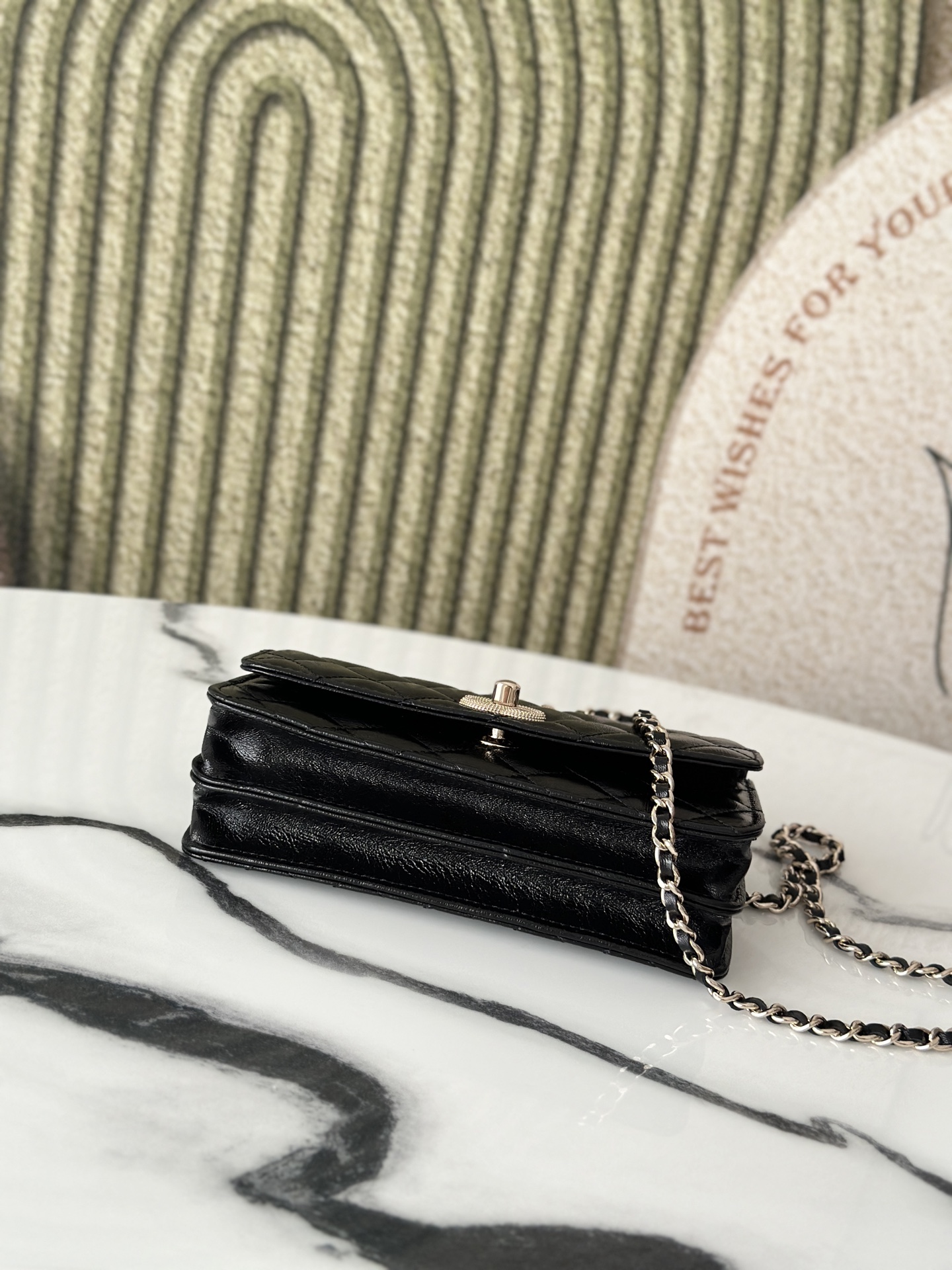 26C Black Shiny Calfskin Quilted Wallet On Chain (WOC) with Imitation Pearl & Crystal Handle - Mocuir