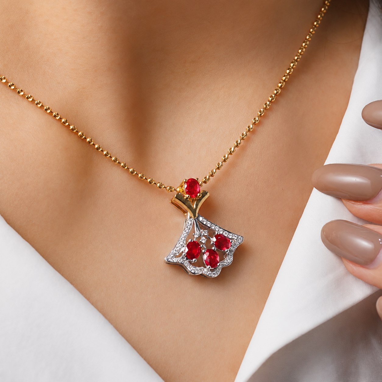 Crimson Skirt Ruby and Diamond Pendant