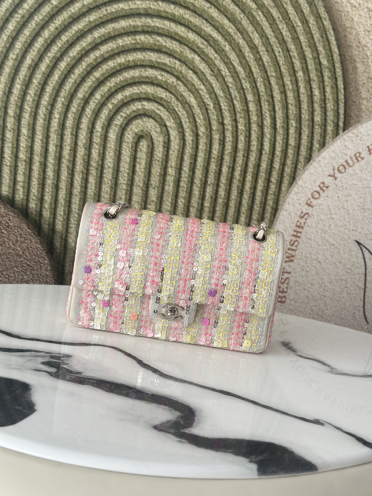 24A Mini Classic Flap Bag (AS3269) in Multicolor Striped Hand-Embroidered Sequins on Lambskin with Silver-Tone Hardware - Mocuir