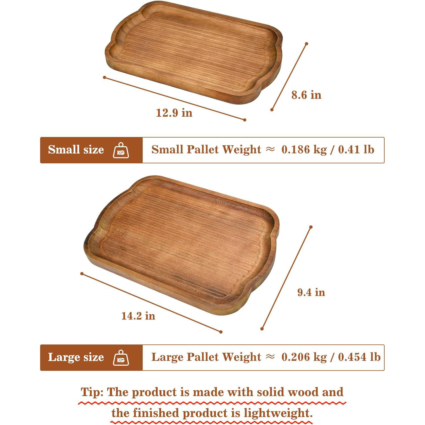 Country-style wooden serving tray set of 2 brown rectangular decorative tray farmhouse cooked food plate.