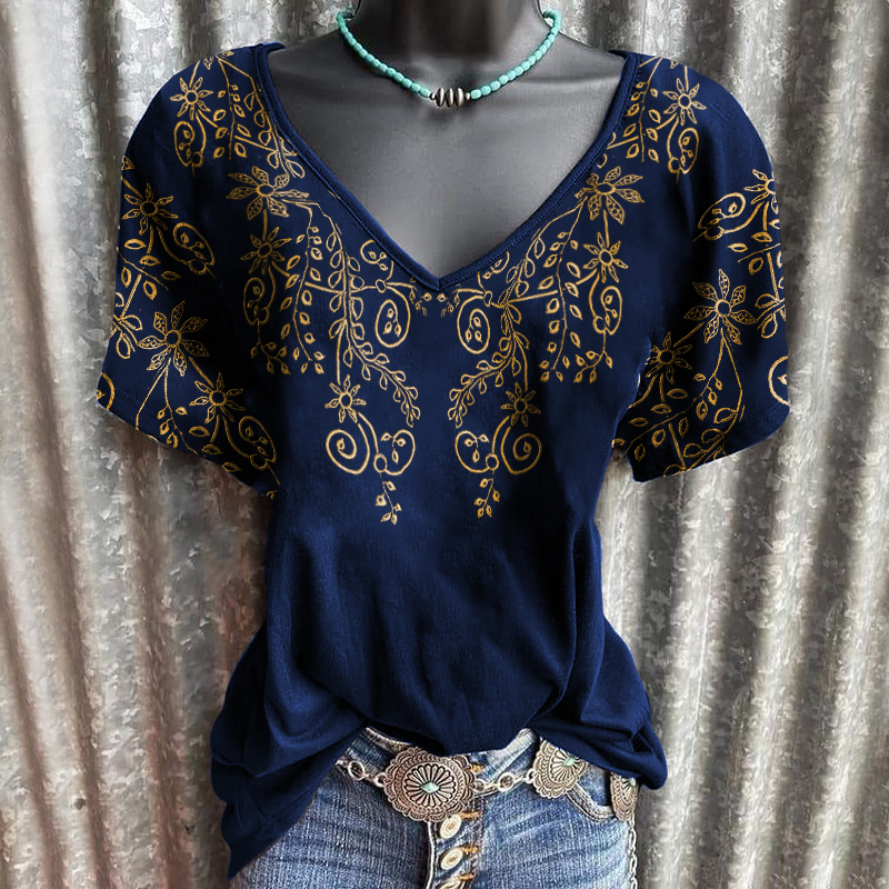 Vintage Plant V-neck Short-Sleeved Graphic Tees