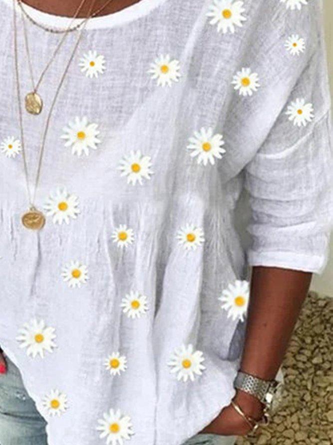 White Shift Embroidered Cotton-Blend 3/4 Sleeve Shirts & Tops
