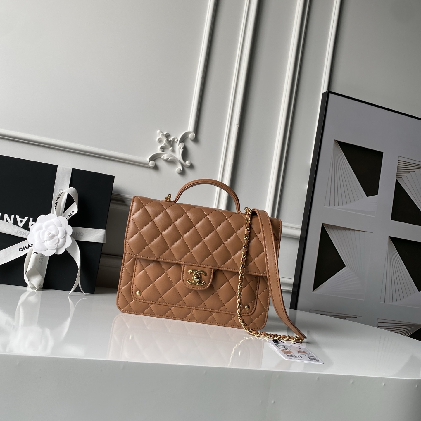 Top Handle Flap Messenger Backpack in Caramel Quilted Lambskin with Light Gold-Tone Hardware - Mocuir