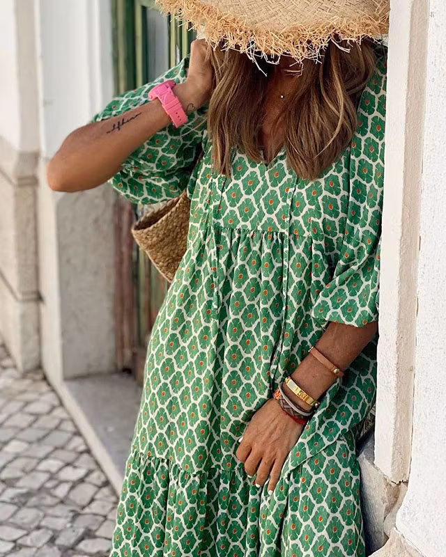 Women's Printed V-neck Short-sleeved Loose Casual Maxi Dress
