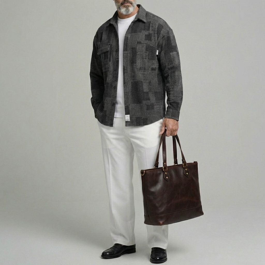 Men's Retro Textured Denim Chest Pocket Single Breasted Long Sleeve Shirts Jacket