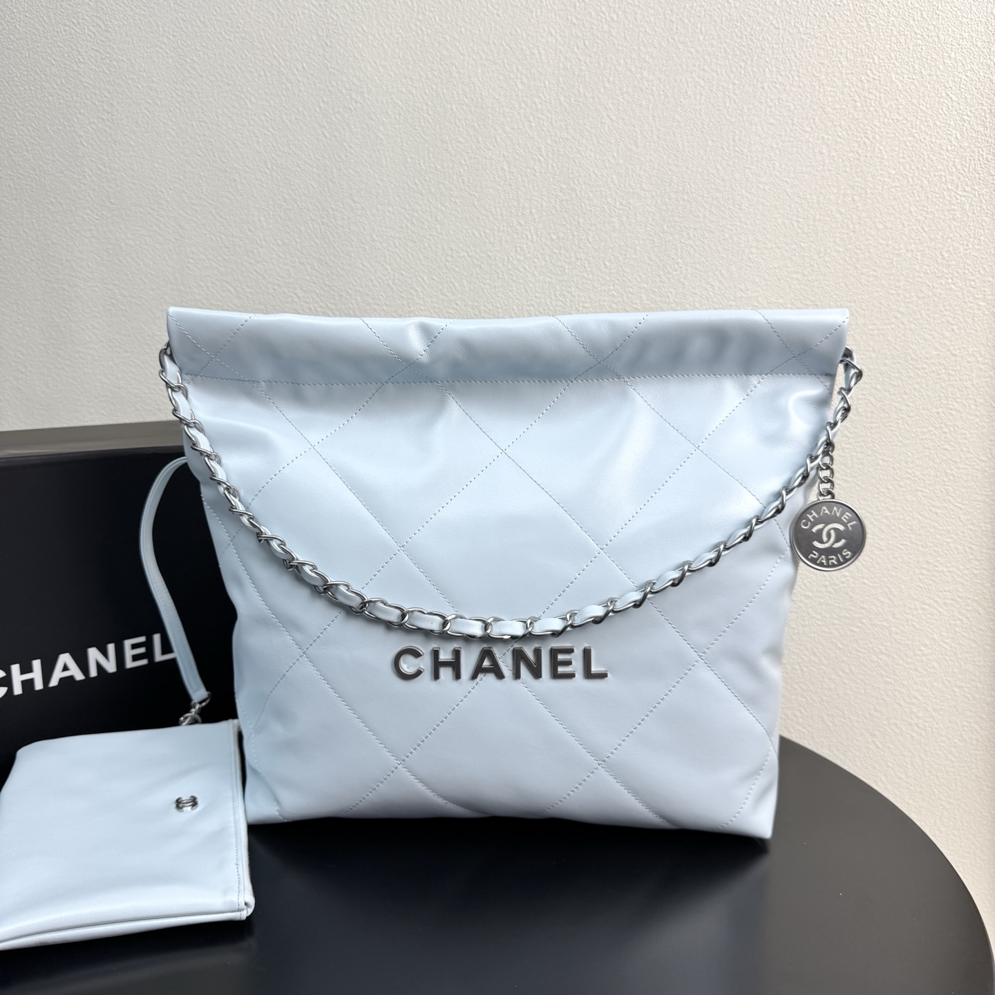 22 Bag Quilted Shiny Calfskin in Light Blue (Silver Hardware) - Mocuir