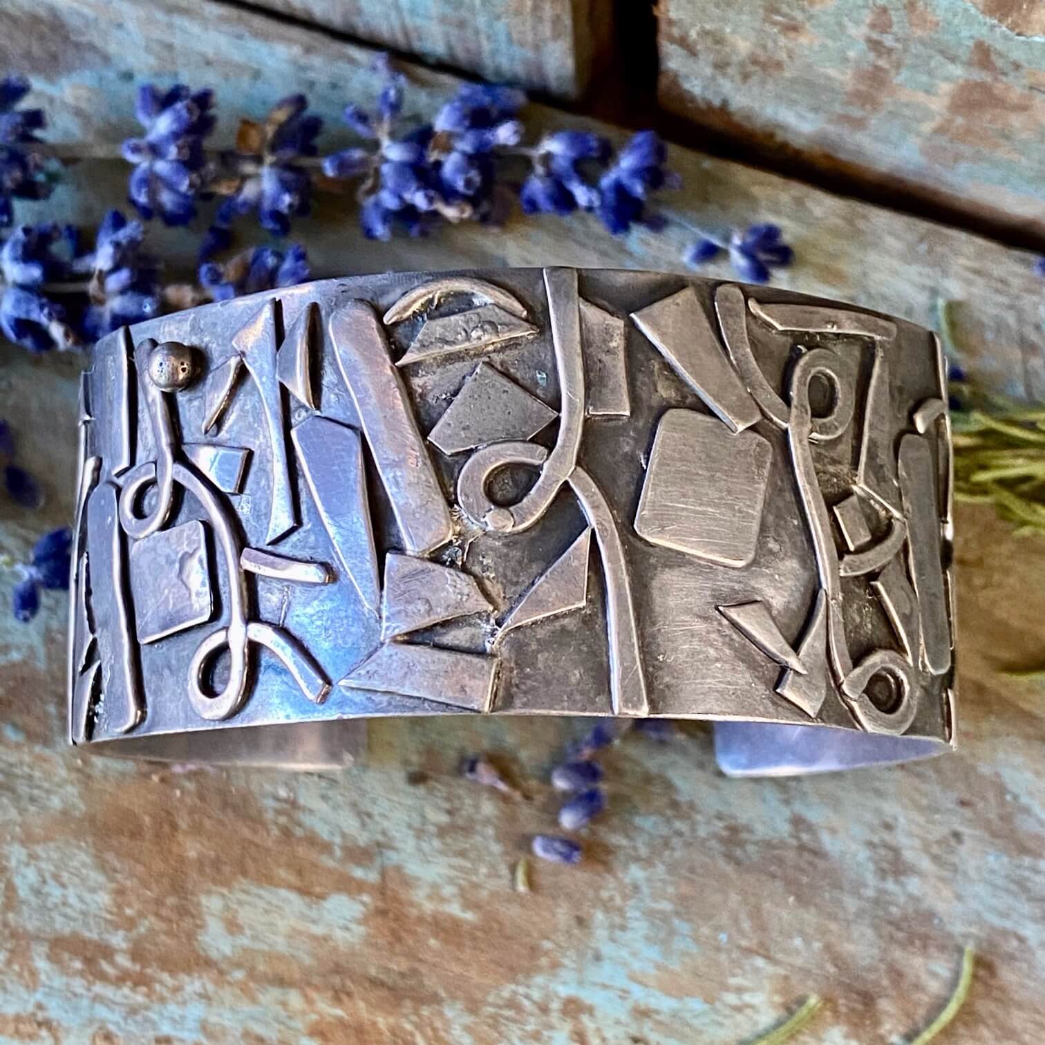 Vintage 1970s Abstract Modern Sterling Silver Wide Cuff Bracelet