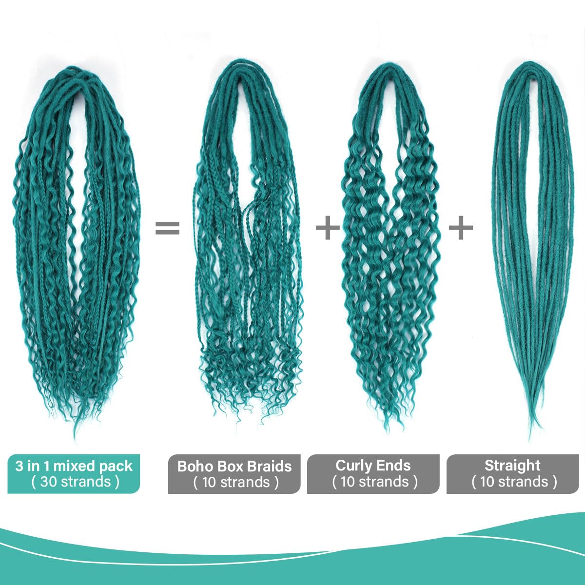 24 Inch 3 In 1 Dreadlock Extensions Sets, 30 Strands Mixed Teal Green Synthetic DE Dreads Extensions, 100% Handmade Soft Double Ended Curly Boho Wavy Dreads for Girls