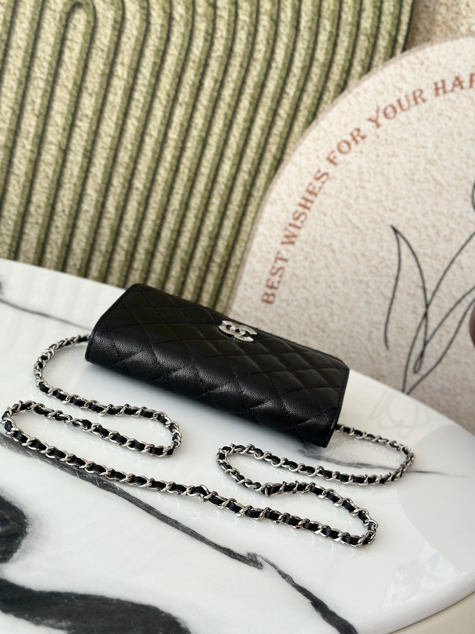 Wallet on Chain (WOC) 25C Collection in Black Quilted Caviar Leather with Brushed GoldSilver-Tone Hardware - Mocuir