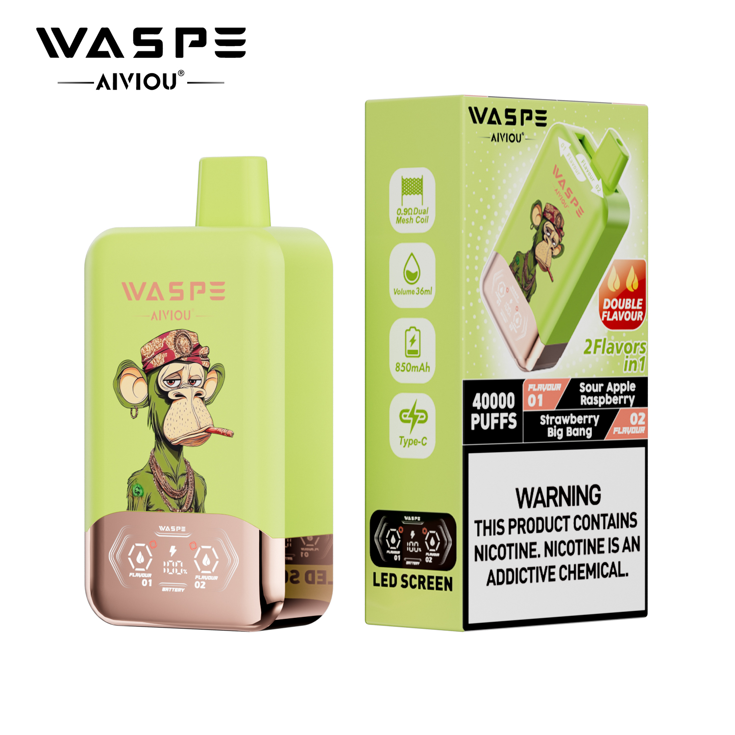 （3 pieces）WASPE 40000 40K Puffs Double Taste LCD Display Disposable Vape