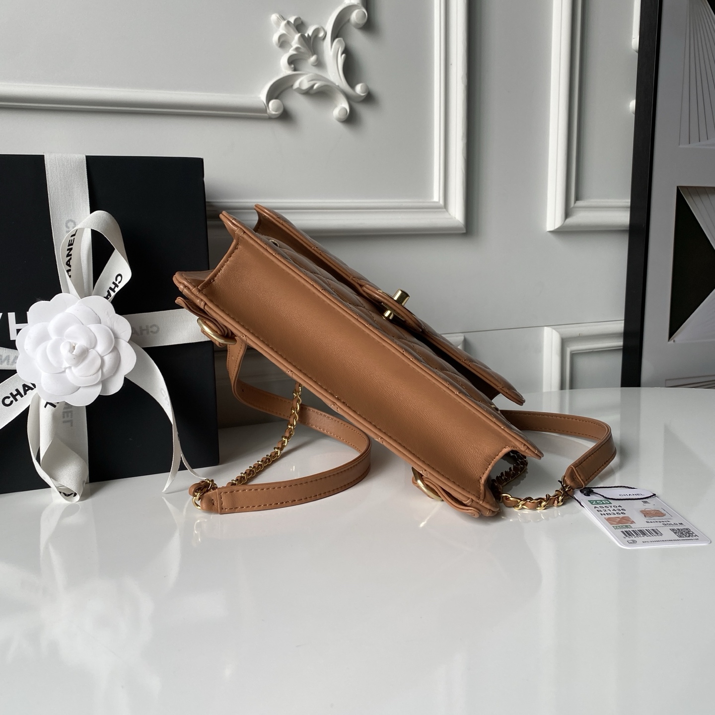 Top Handle Flap Messenger Backpack in Caramel Quilted Lambskin with Light Gold-Tone Hardware - Mocuir