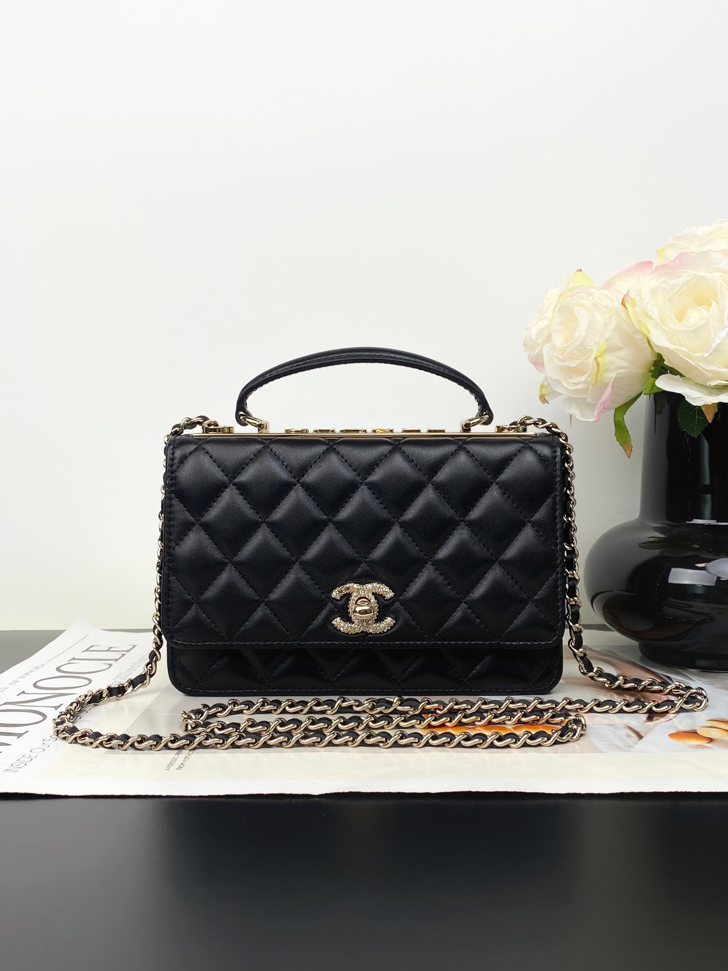 24C Trendy CC Wallet on Chain (WOC) with Handle in Black Lambskin with Crystal CC Gold Hardware (Model AM7652) - Mocuir