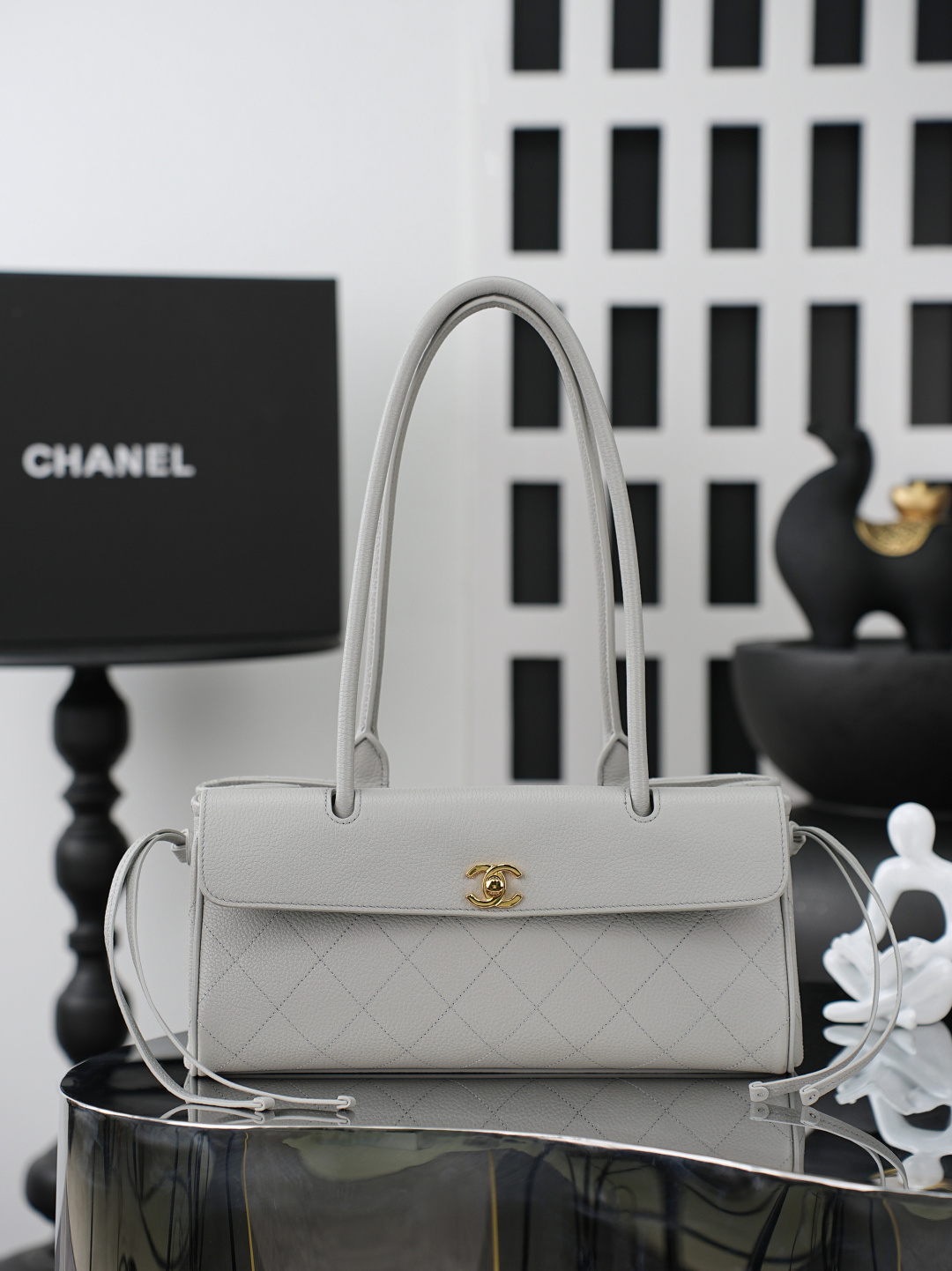 Spring-Summer 2026 Light Grey Quilted Caviar Leather Baguette Shoulder Bag with Gold-Tone Hardware & Long Handle - Mocuir