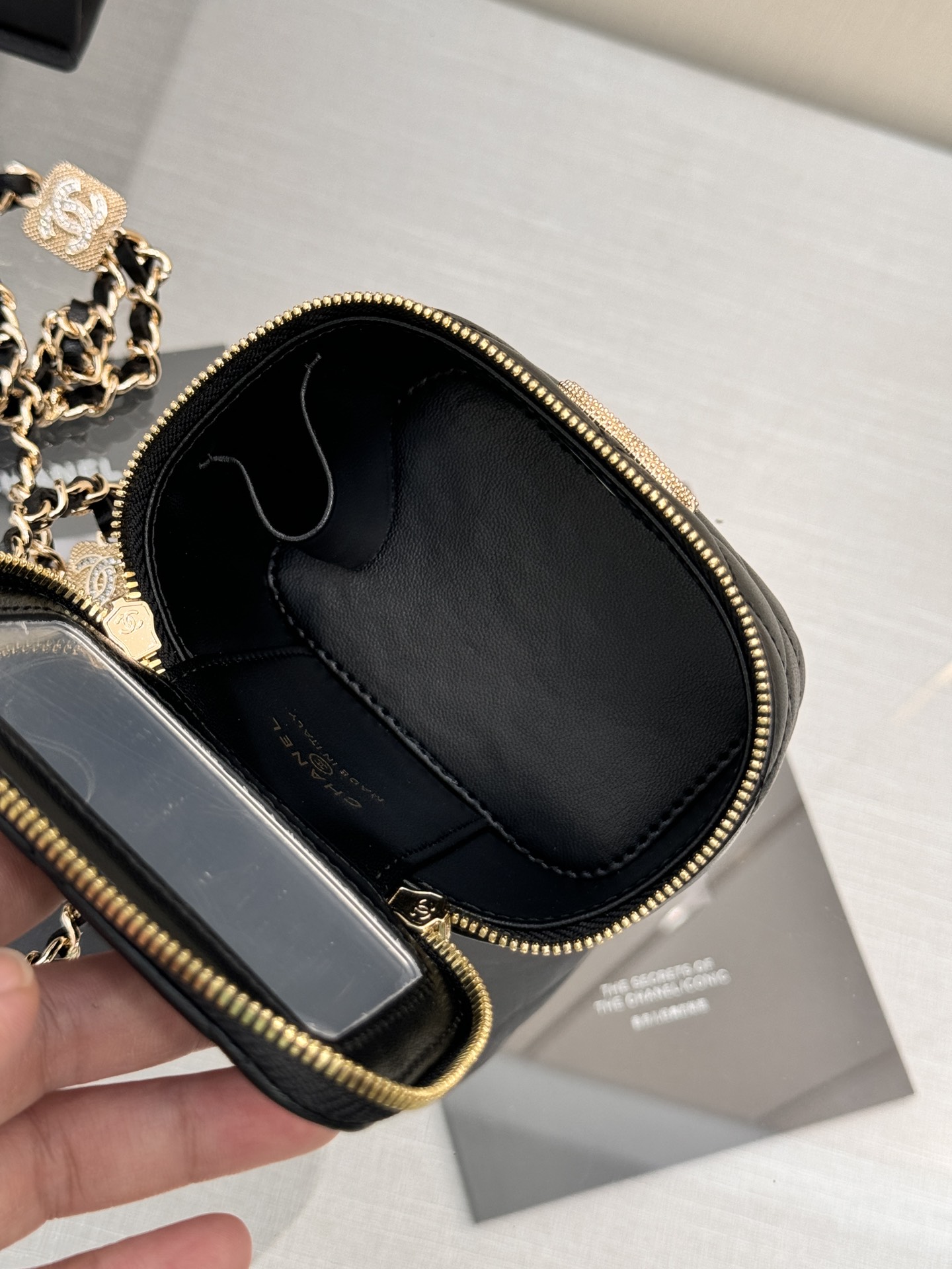 Mini Vanity Case with Chain in Black Quilted Calfskin with Crystal CC Logo & Light Gold-Tone Hardware - Mocuir