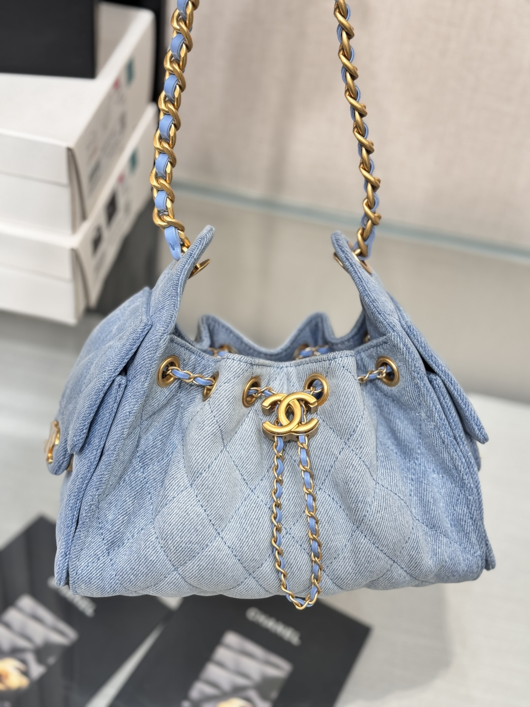 25 Small Hobo Bag (AS5293) in Light Blue Washed Denim & Antique Gold-Tone Hardware - Mocuir