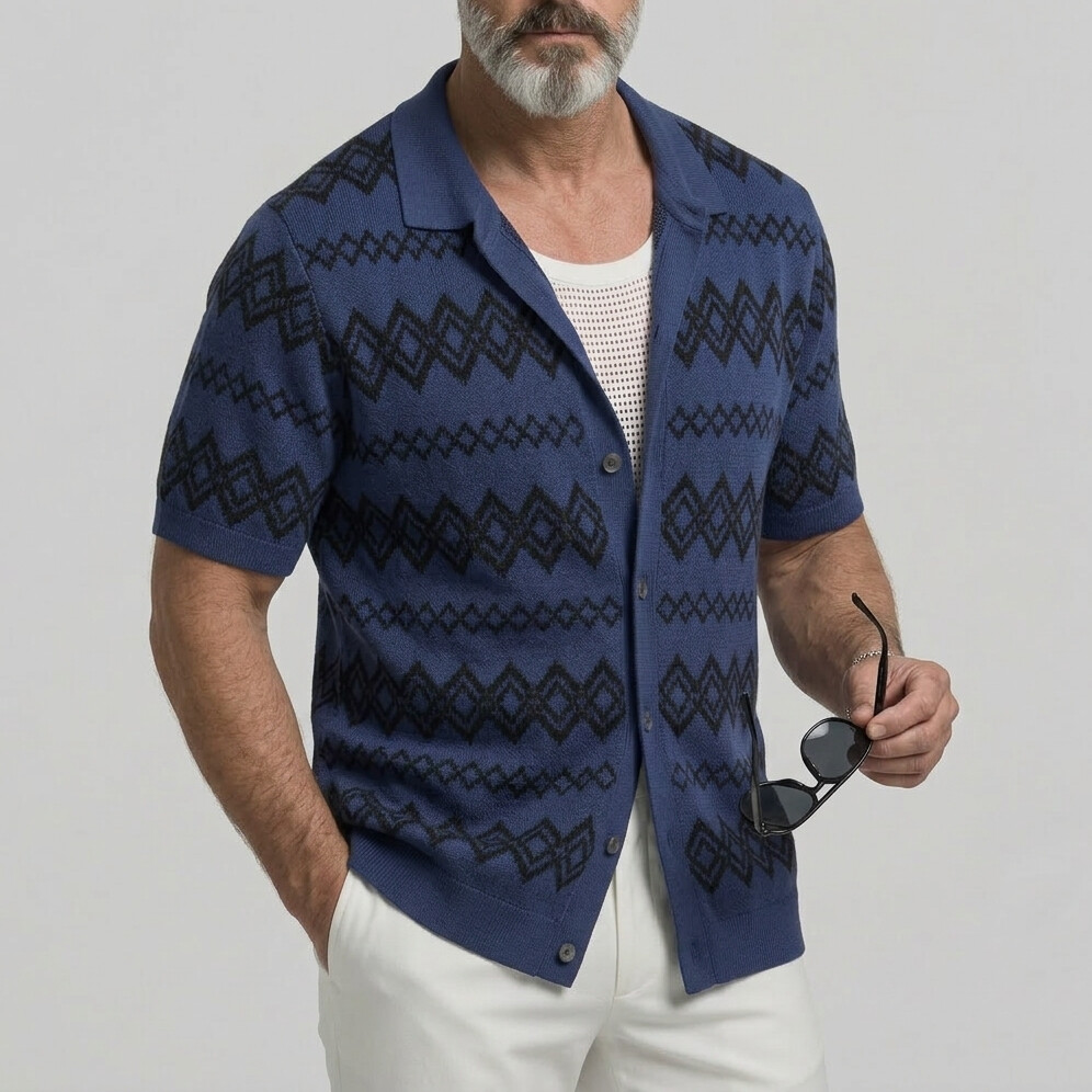 Men's Casual Geometric Pattern Jacquard Knit Short Sleeve Shirt