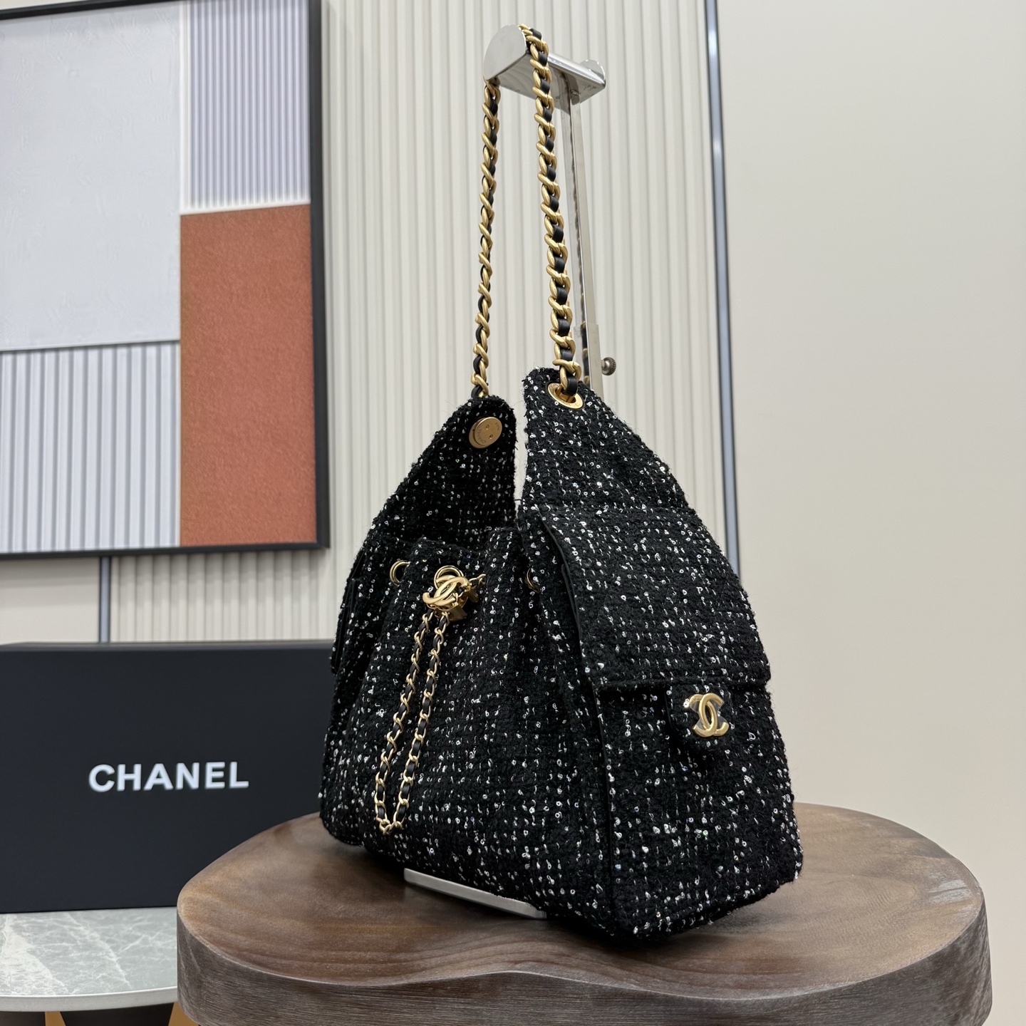 25 Small Hobo Bag (AS5293) in Black Tweed with Gold-Tone Hardware, 25S Spring-Summer Collection - Mocuir