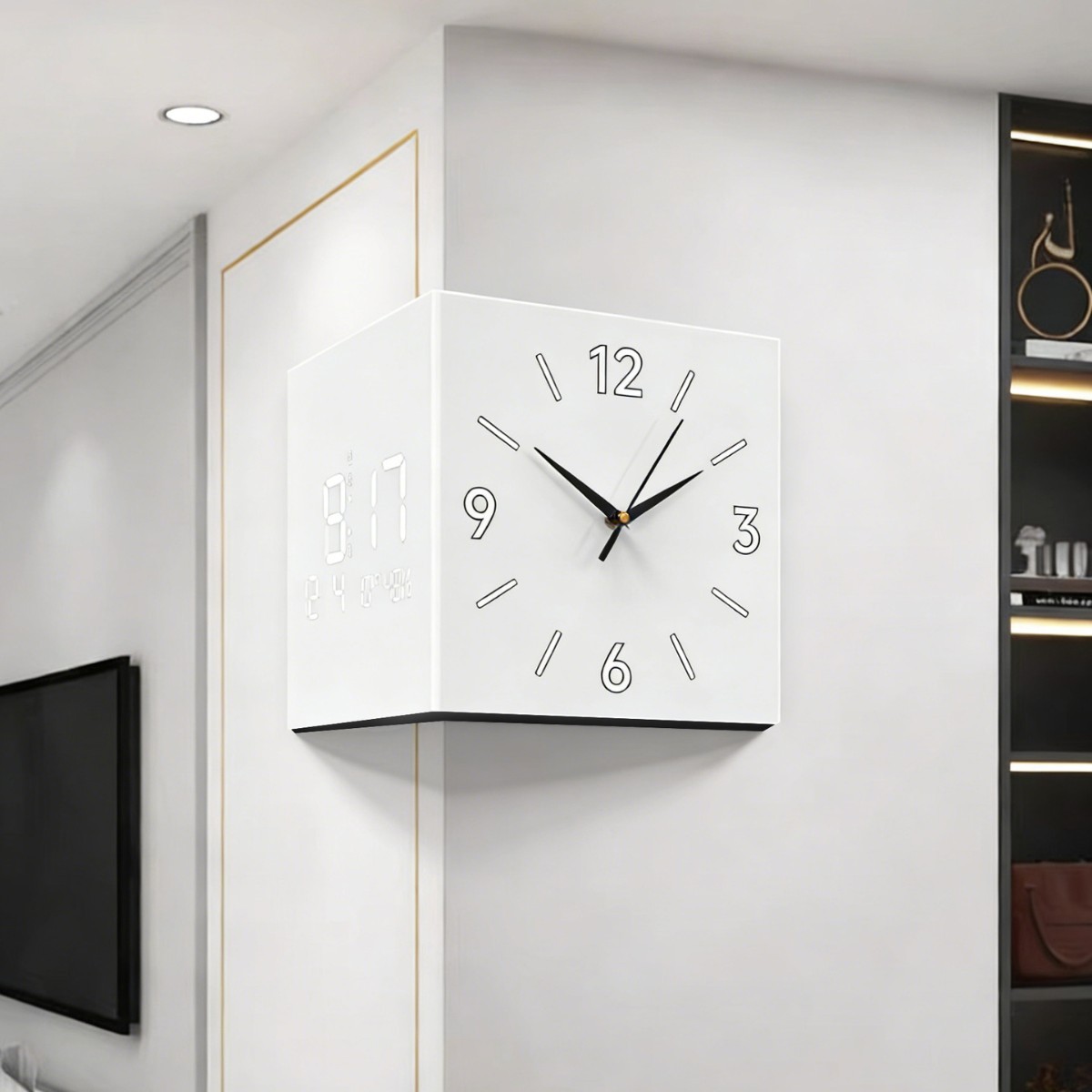 Modern Simple Living Room Double-Sided Corner Wall Clock Cream Style Punch-Free Home Creative Clock Wall Lamp Watch Hanging Picture