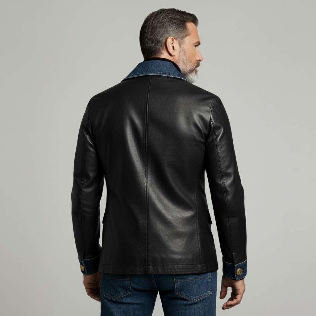 Men's Black Colorblock Lapel Long Sleeve Asymmetrical Gold Button PU Leather Jacket