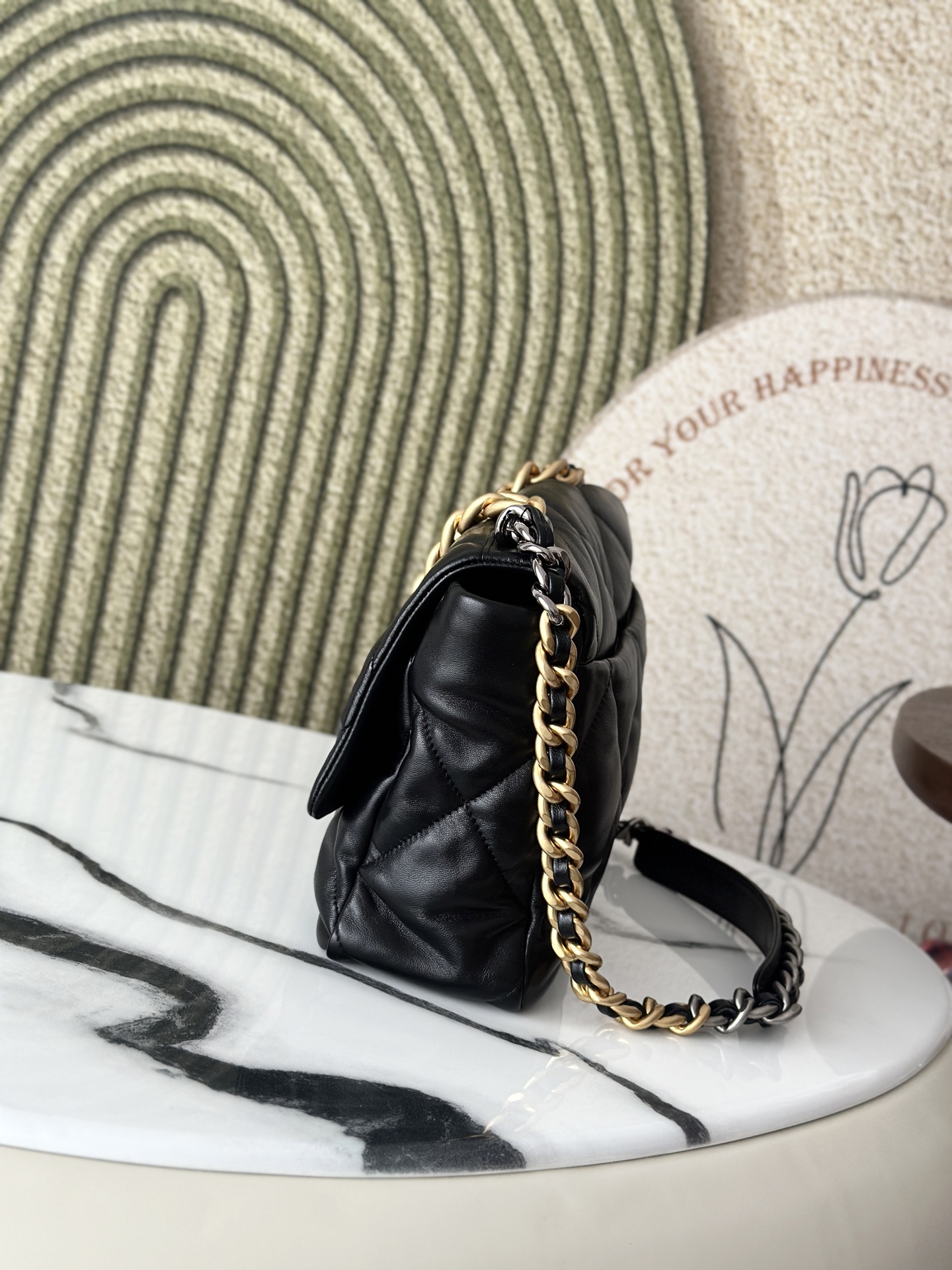 19 Black Goatskin Quilted Flap Bag with Mixed Metal Hardware - Mocuir