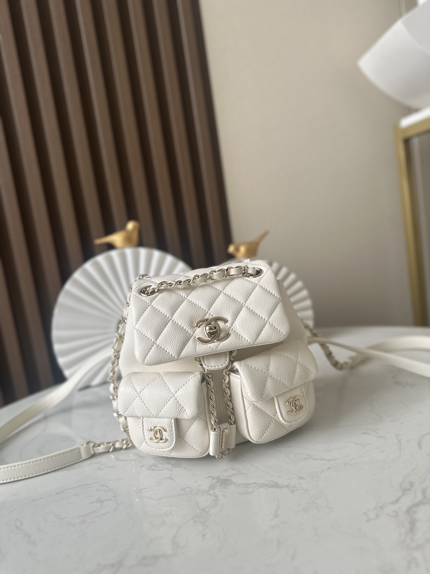 Classic Quilted Caviar Duma Backpack in White (Gold Hardware) - Mocuir