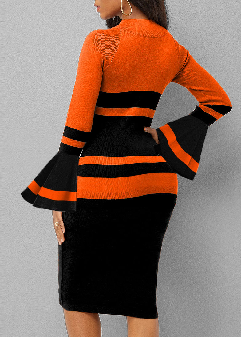 Stripe Print Flare Sleeve Contrast Sweater Dress
