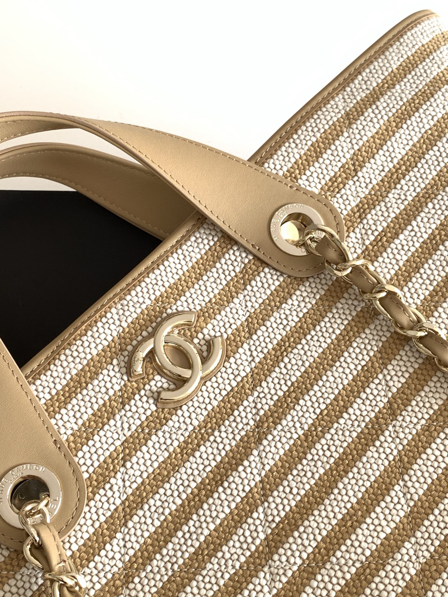 Deauville Large Striped Canvas Tote Bag in Caramel with Gold-Tone Hardware - Mocuir