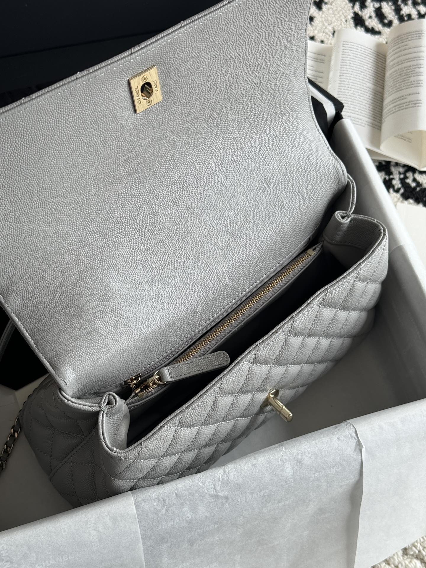 Small Coco Handle Flap Bag in Light Grey Quilted Caviar Leather with Light Gold-Tone Hardware - Mocuir