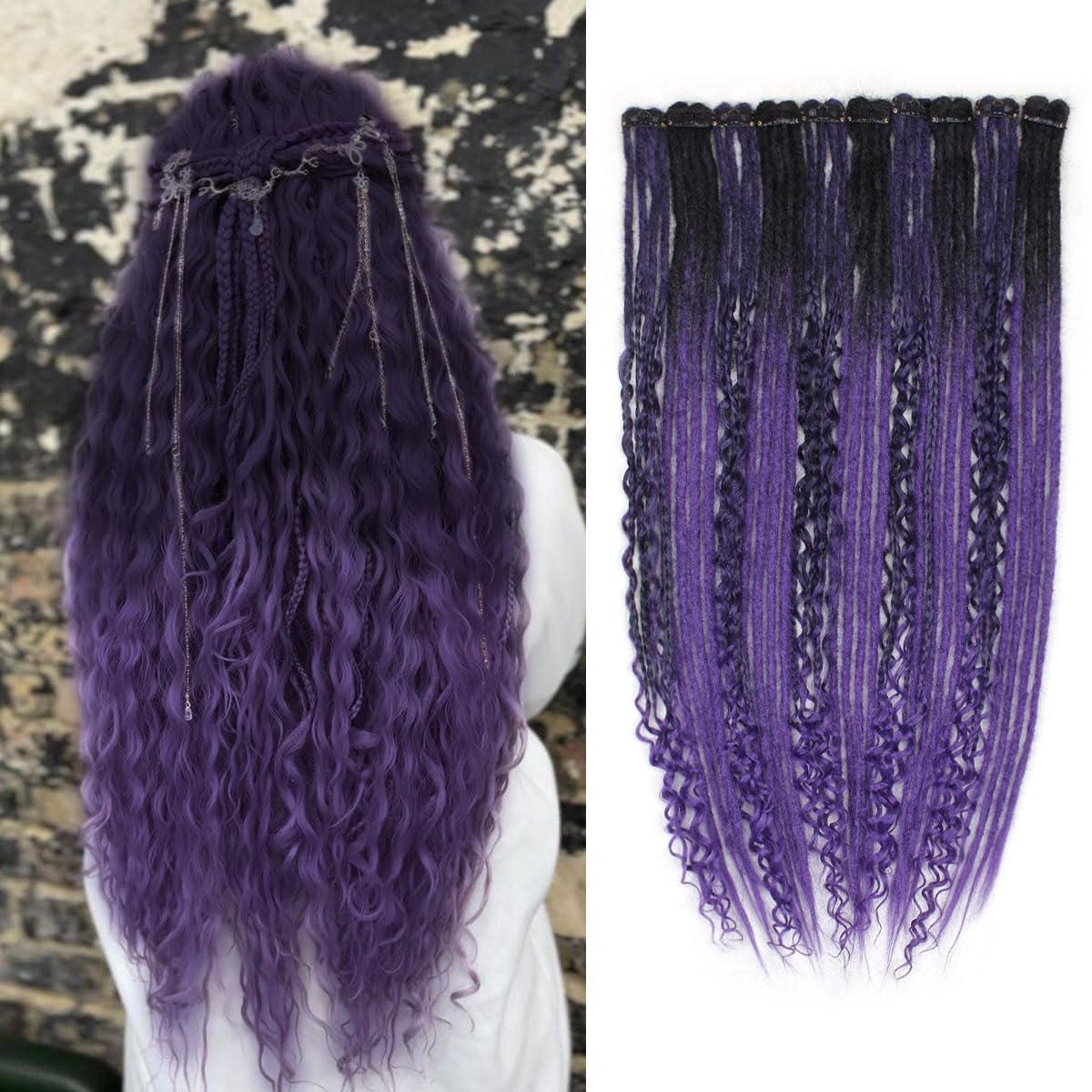 10PCS Clip in Dreadlock Extensions Full Sets, 24 inch Synthetic Clip Dreads Extensions Handmade Soft(Black/purple, Clip-in 40 Strands)