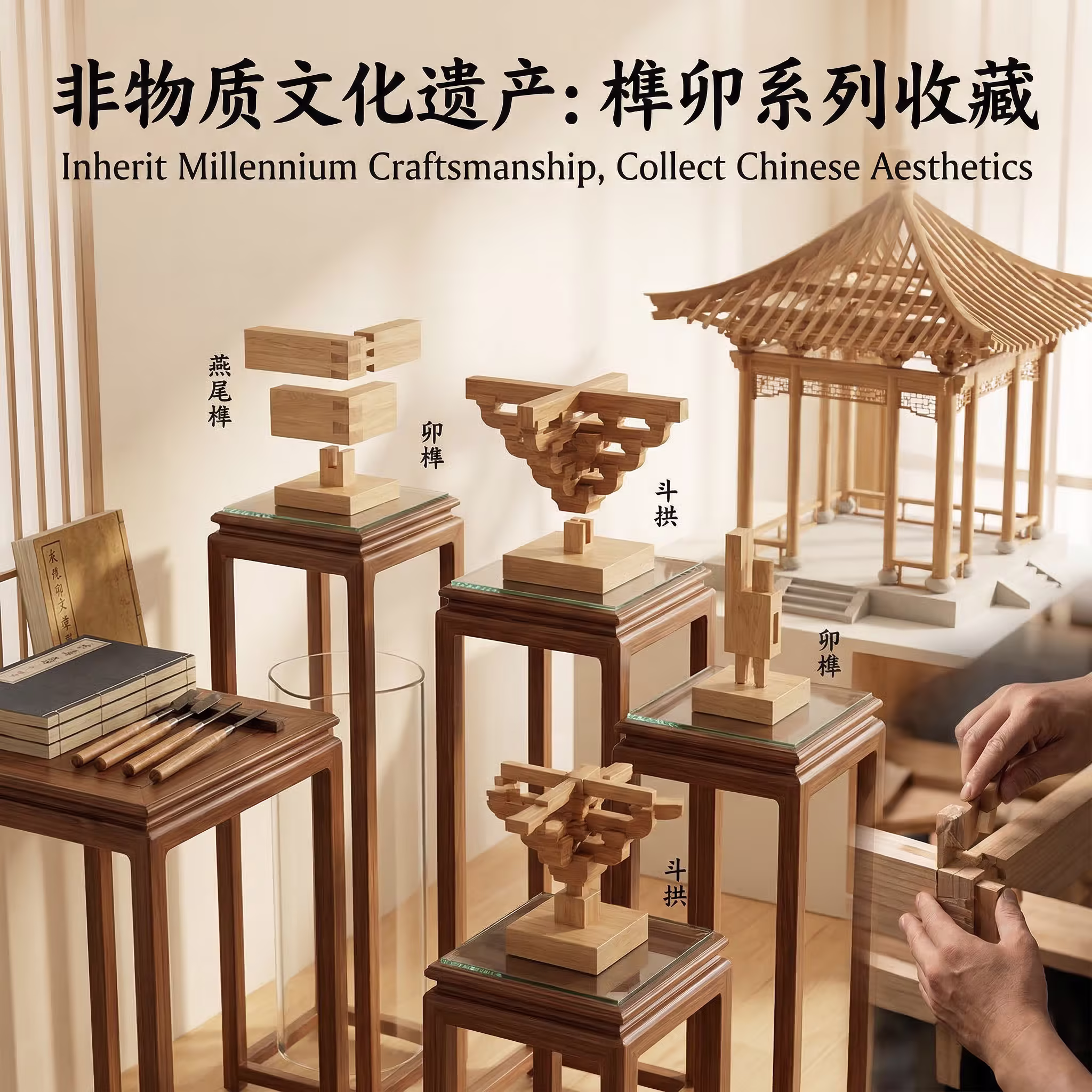 Guofeng Home Chinese Mortise and Tenon Architectural Ornament Series   国风家居·中式榫卯建筑摆件系列，融合中式美学与实用价值，适配各类家居场景陈列