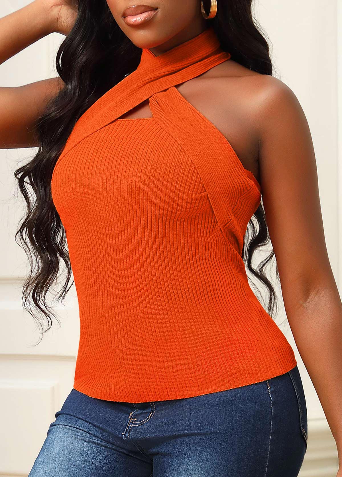 Orange Cross Halter Sleeveless Tank Top