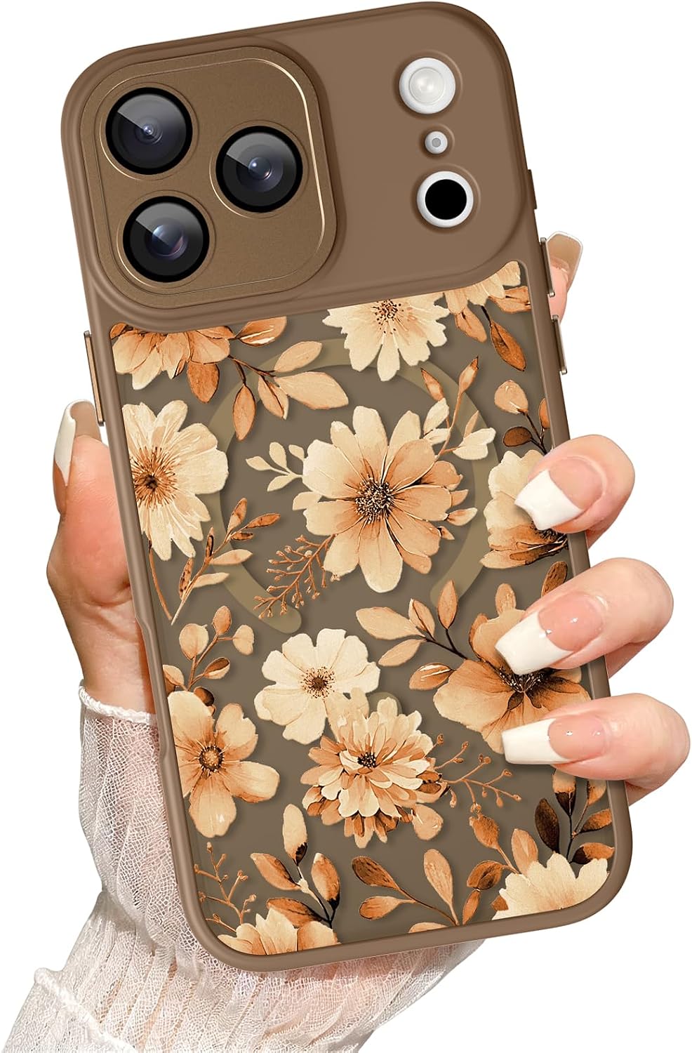 for iPhone 17 Pro Max Case Pretty Floral Flowers Pattern Brown| [Compatible with Magsafe] Full Camera Protection for Women Girls Drop-Proof Shockproof Protective Magnetic Cover