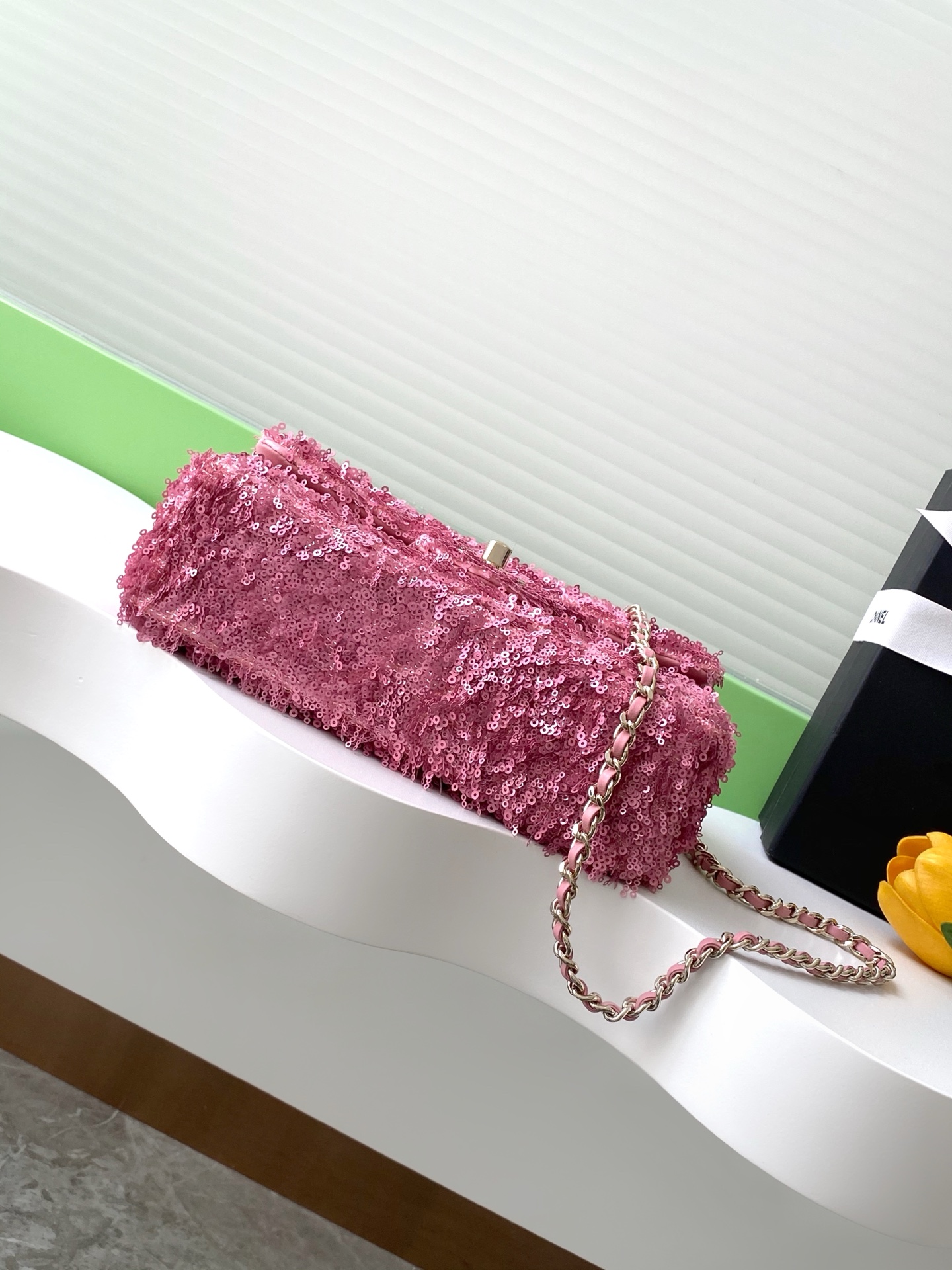 2025 FallWinter Classic Flap Bag in Bright Pink Sequins (AS4561) with Light Gold-Tone Hardware - Mocuir