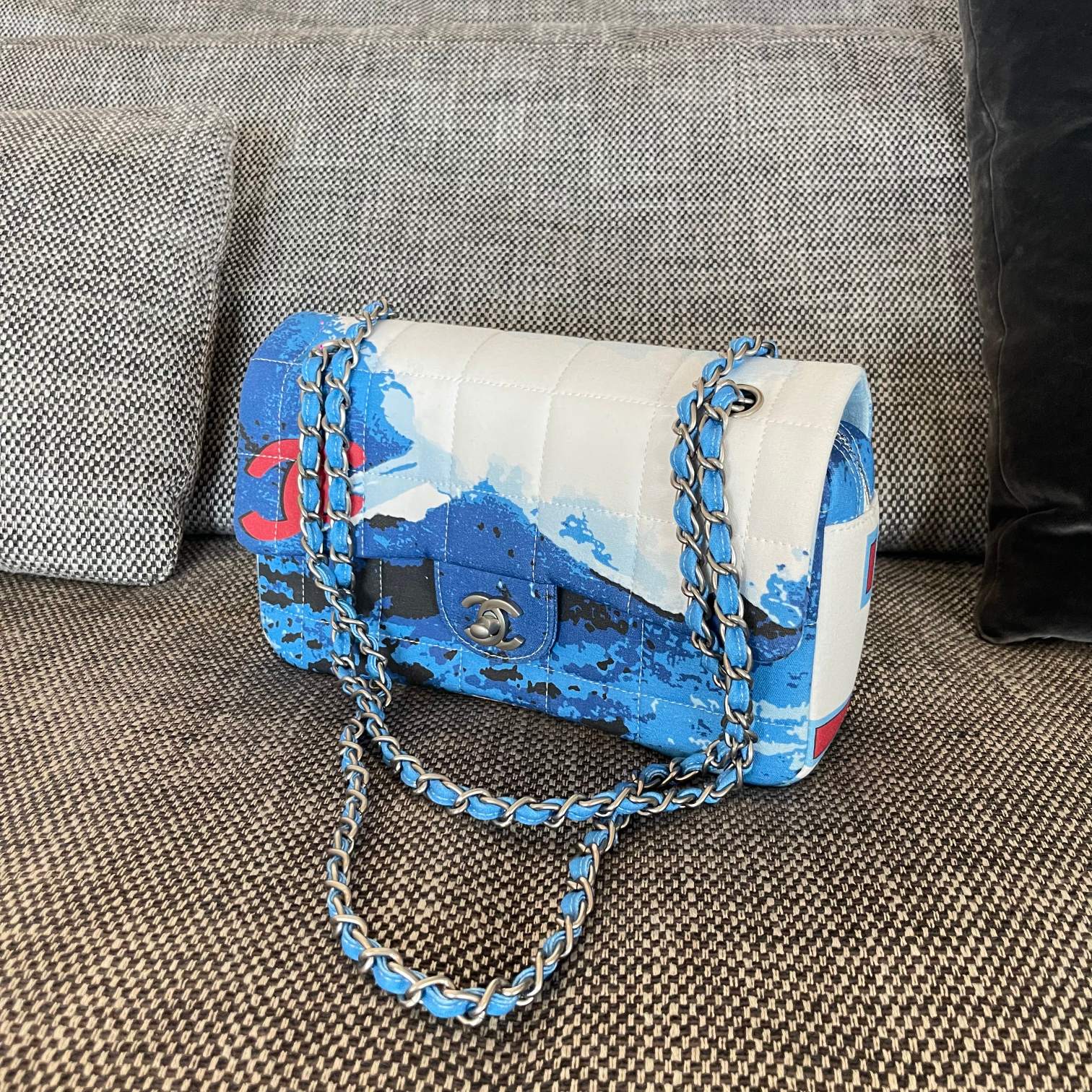 Classic Flap Handbag in Blue-White Ski Print Canvas with Silver-Tone Hardware - Mocuir