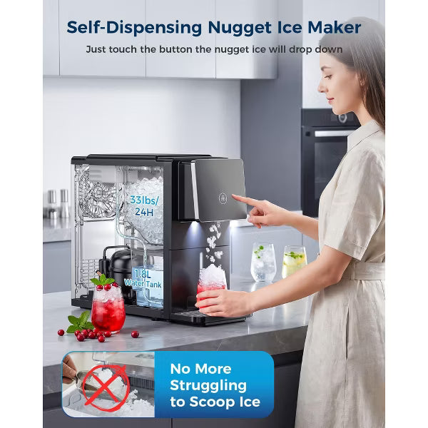 🔥clearance sale🔥Countertop Nugget Ice Maker with One-Touch Dispensing – 33lbs/Day Production