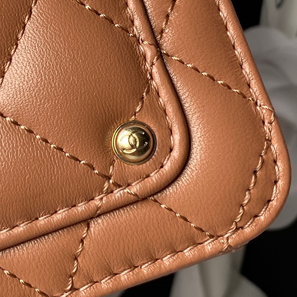 Mini Top Handle Flap Messenger Bag in Caramel Quilted Lambskin with Light Gold-Tone Hardware - Mocuir