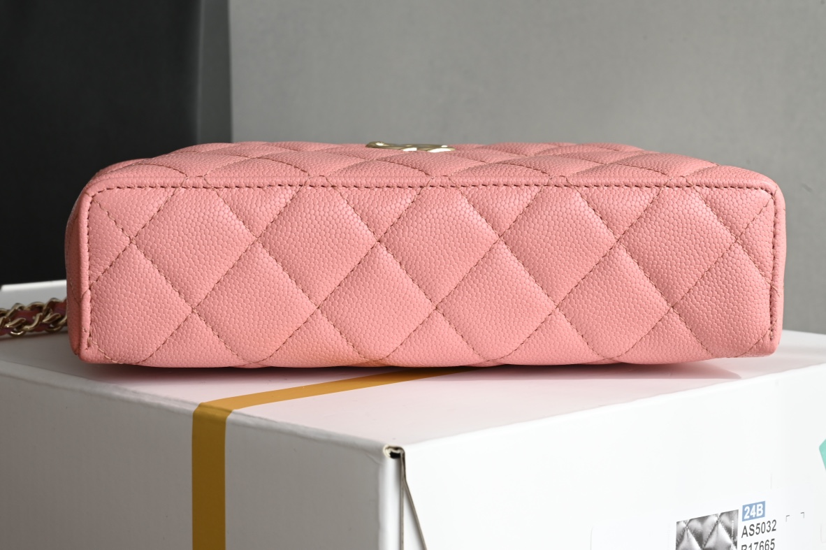 Small Vanity Case (LP Lunch Box Bag) in Peach Pink Quilted Caviar Calfskin with Light Gold-Tone Hardware (25S Collection) - Mocuir