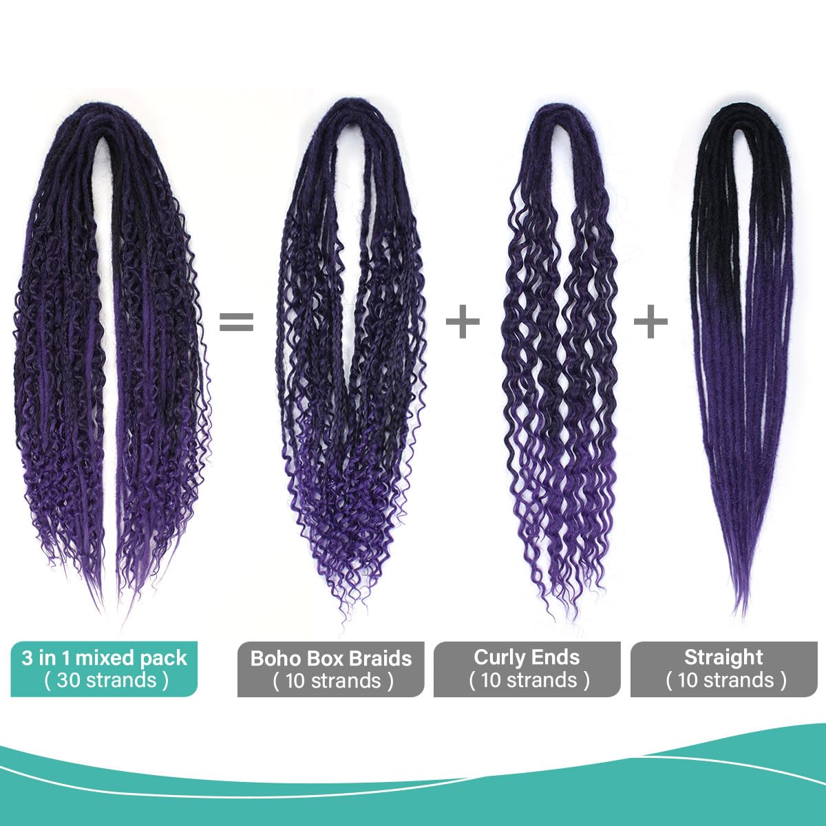24 Inch 3 In 1 Dreadlock Extensions Sets, 30 Strands Mixed Ombre Purple Synthetic DE Dreads Extensions, 100% Handmade Soft Double Ended Curly Boho Wavy Dreads for Girls