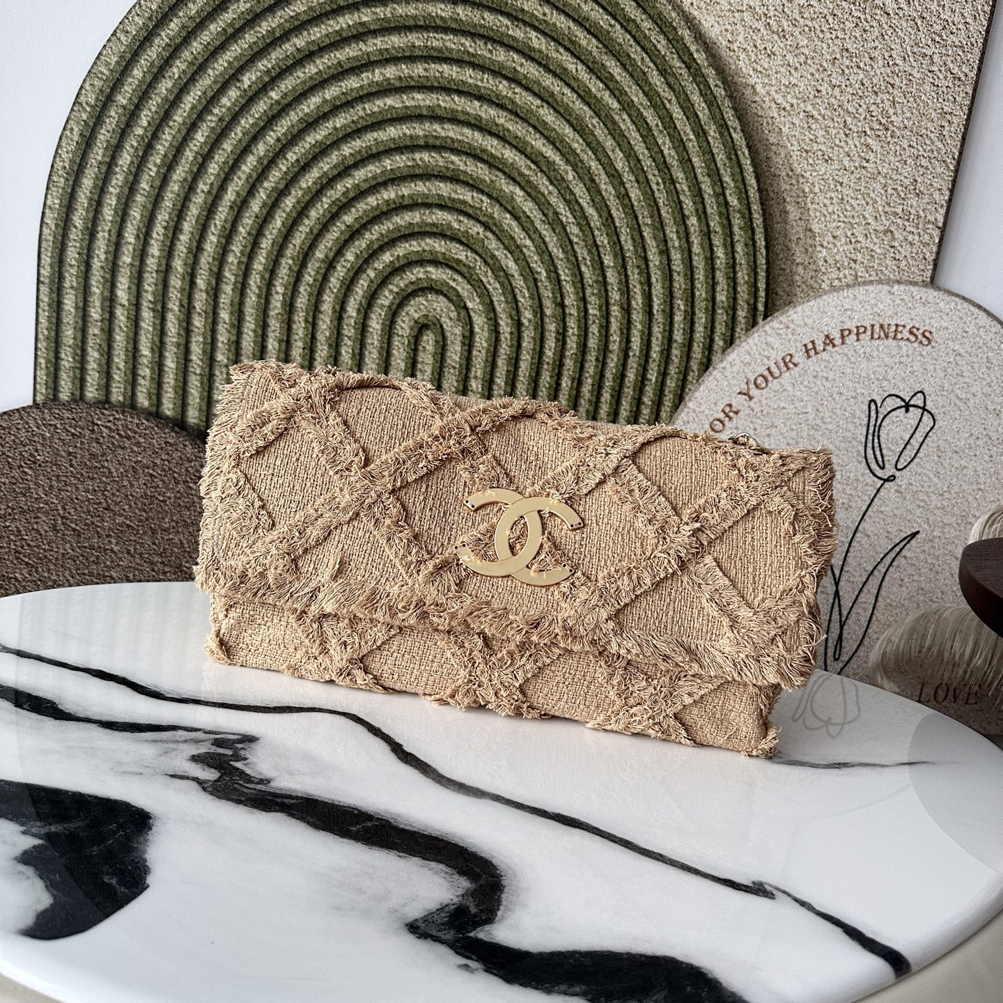 Spring Summer 2010 Coco Country Beige Linen Frayed Quilted Flap Shoulder Bag  Clutch - Mocuir