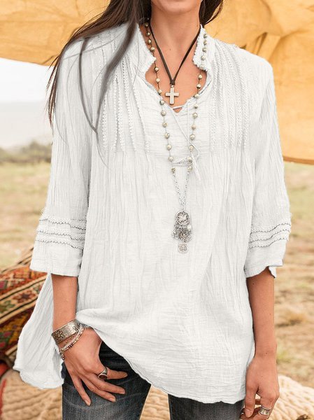 Boho Stand Collar Linen 3/4 Sleeve Guipure Lace Shirts & Blouses