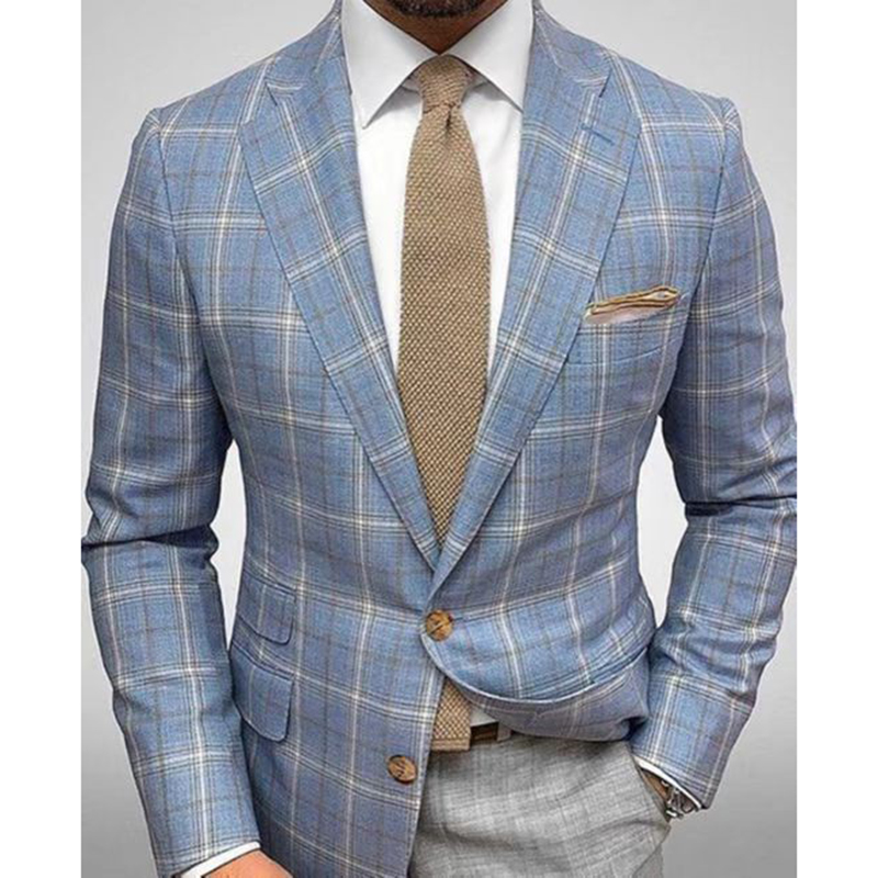 Business Plaid Lapel Collar Two Buttons Long Sleeve Blazer