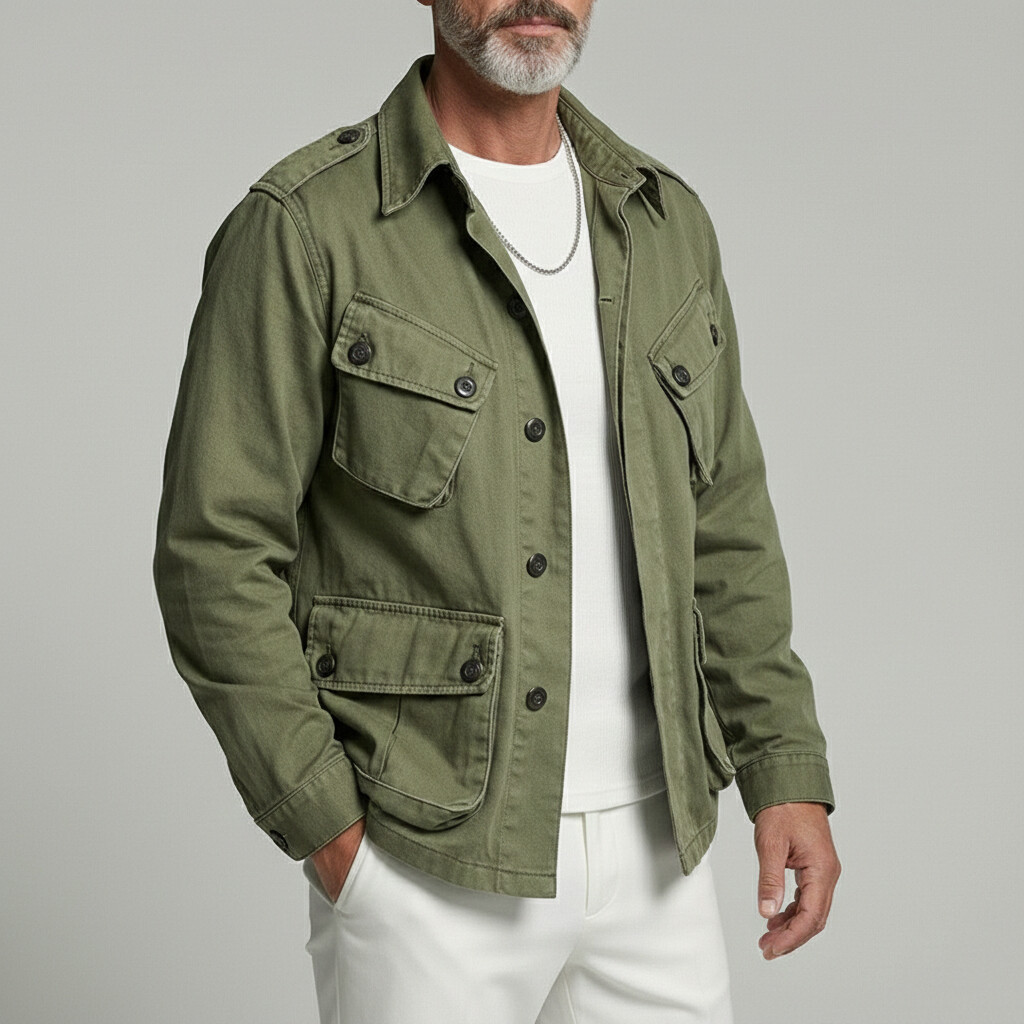 Men's Olive Green Lapel Collar Multi-Pocket Single Breasted Cargo Jacket