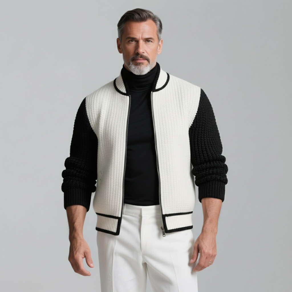 Men's Black And White Contrast Ribbed Knit Stand Collar Long Sleeve Zipper Sweater Cardigans
