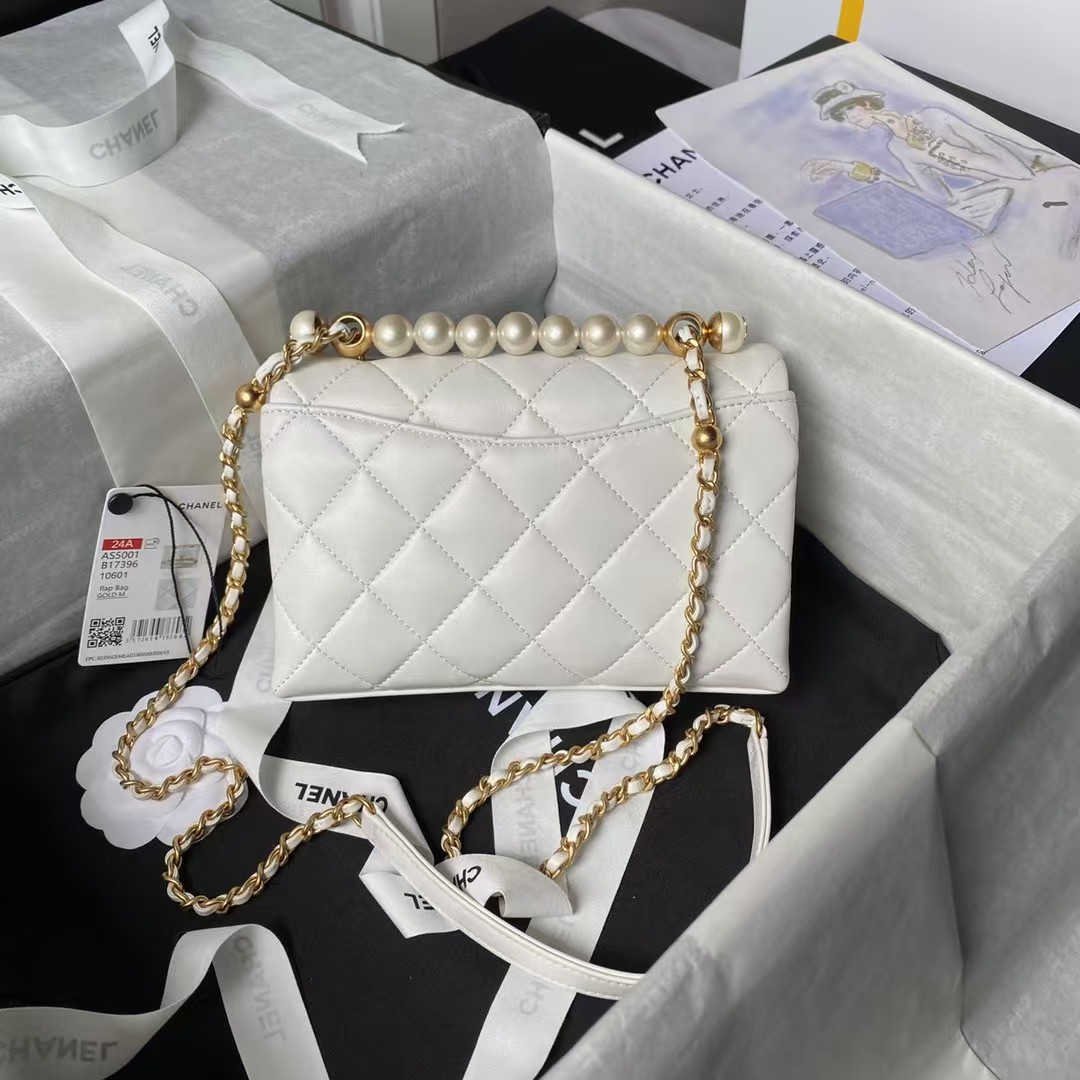 AS5001 Mini Flap Bag Top Handle Shiny Lambskin Imitation Pearl & Gold Metal White